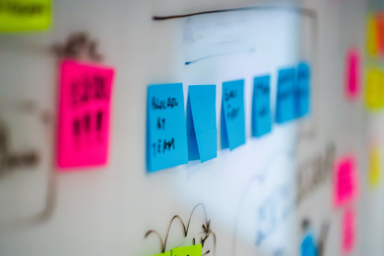 about-us-01 Sticky notes on a whiteboard during a creative brainstorming session in an office.