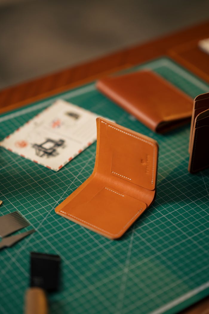 services-03 Close-up of handcrafted leather wallets on a green cutting mat, showcasing craftsmanship and design.