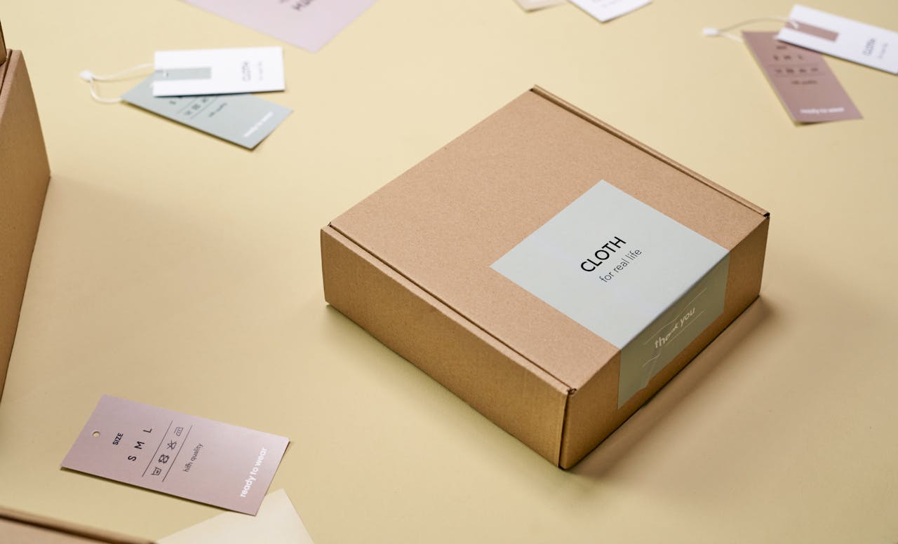 services-04 Elegant cardboard packaging with clothing labels and tags displayed on a light surface.